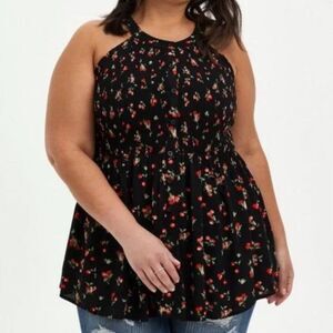 Torrid Babydoll Rayon Crepe Smocked Cherry Print Black Sleeveless Top Size 4X